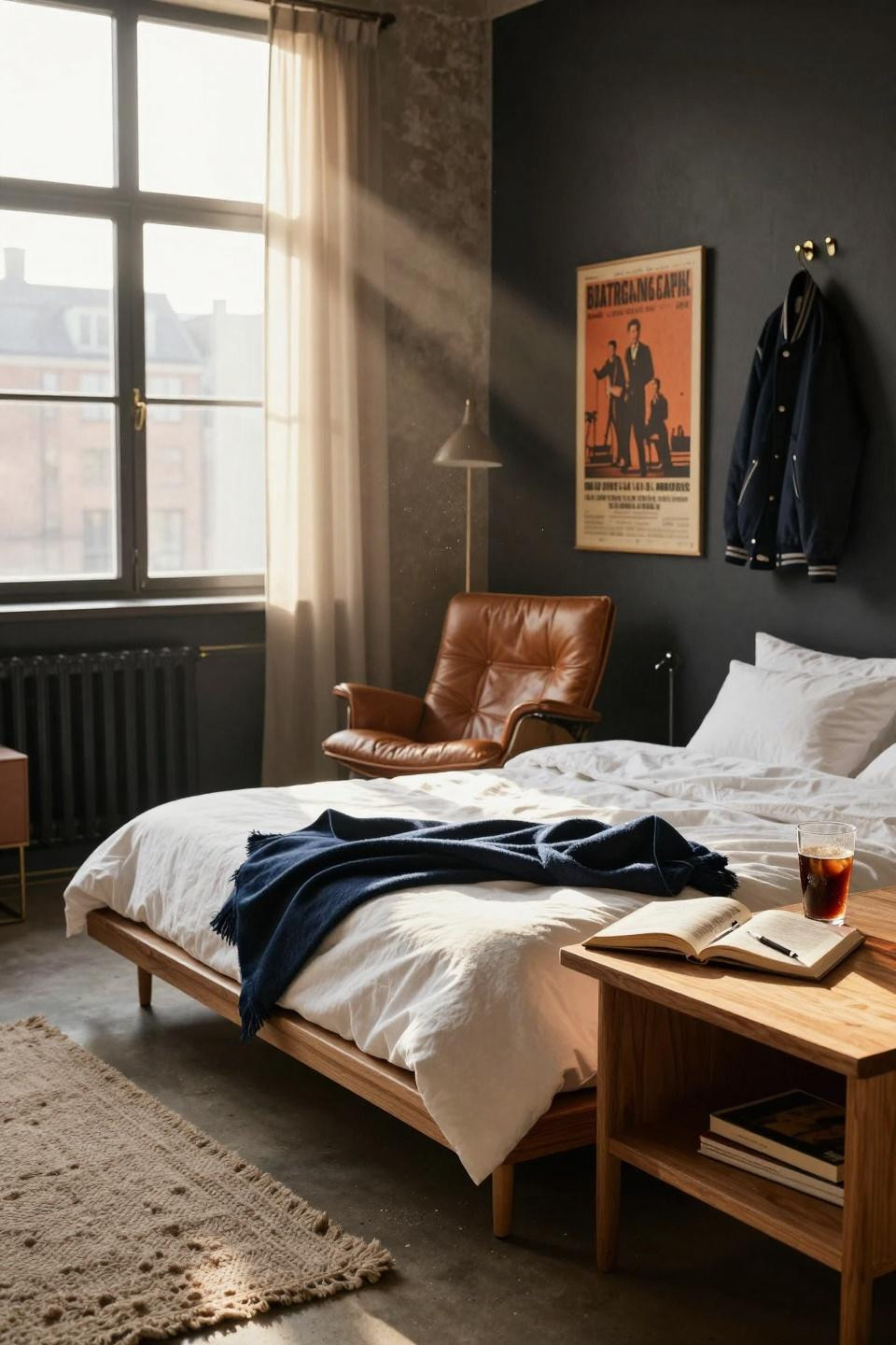 Dorm Room Ideas For Guys - modern platform bed with charcoal walls and brass accents