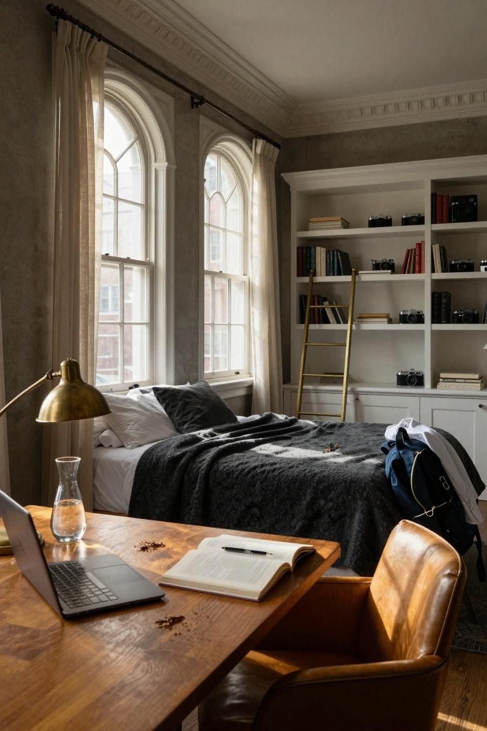 Dorm Room Ideas For Guys - tall shelving unit with brass ladder and vintage camera collection