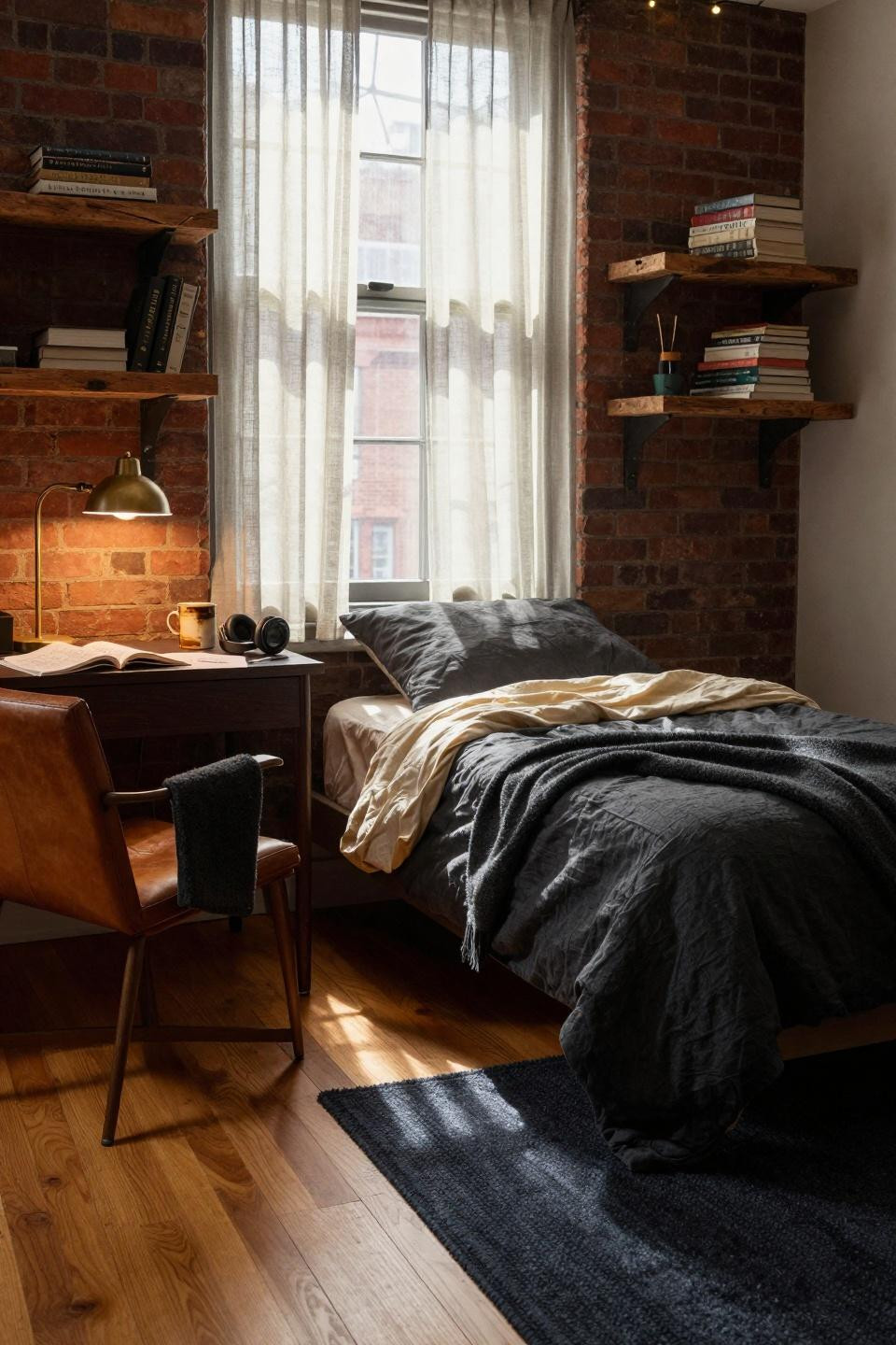 Dorm Room Ideas For Guys - brass task lamp with charcoal textiles and oak shelving