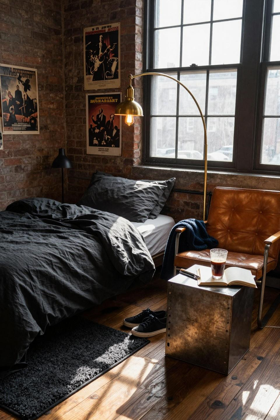 Dorm Room Ideas For Guys - industrial style room with brass lamp and leather chair