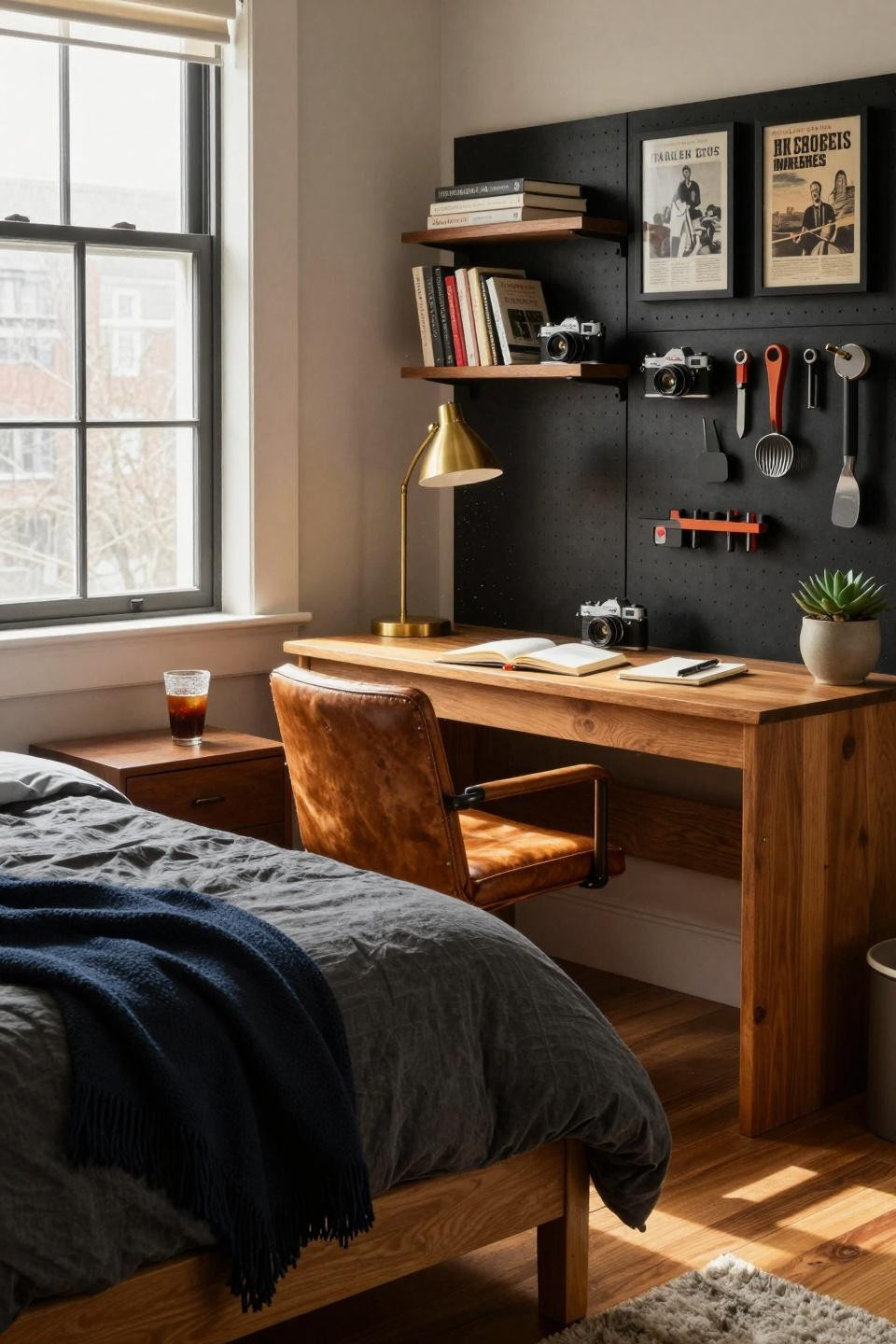 Dorm Room Ideas For Guys - refined single room with oak desk and pegboard wall
