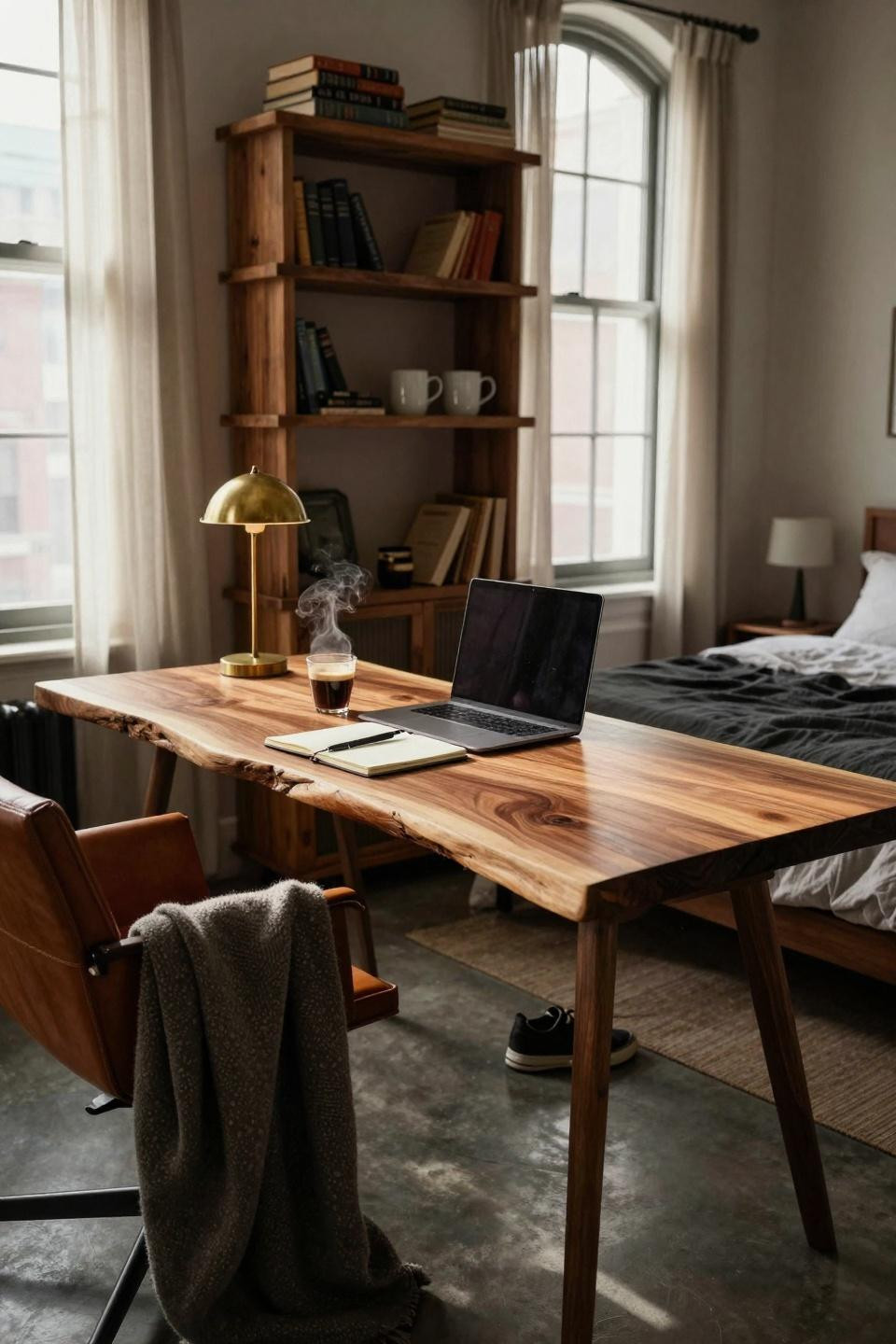 Dorm Room Ideas For Guys - reclaimed wood shelves with architecture books and leather chair