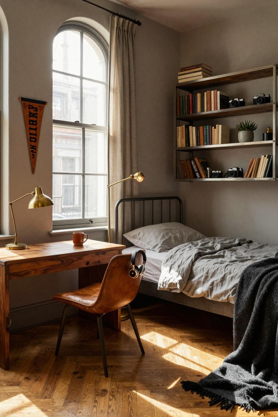 Dorm Room Ideas For Guys - walnut floating desk with industrial steel brackets