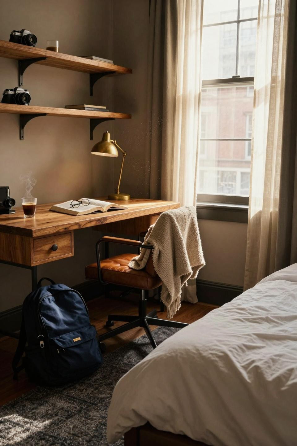 Dorm Room Ideas For Guys - honey oak built-in desk with brass lamp and leather chair