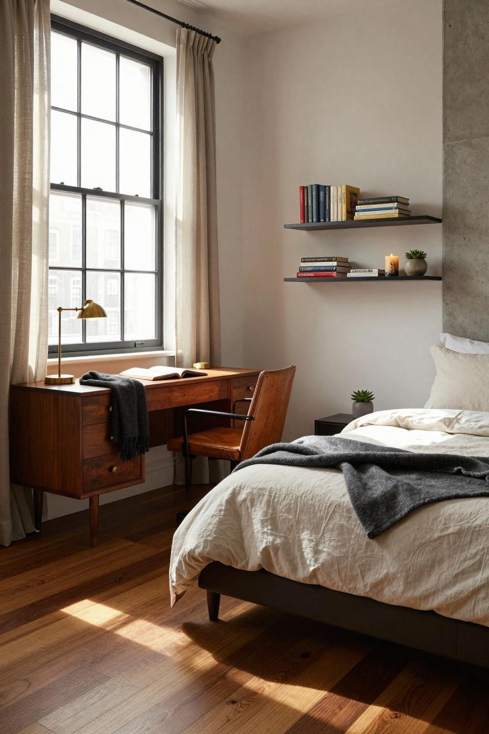 Dorm Room Ideas For Guys - warm oak floors with walnut desk and brass drawer pulls