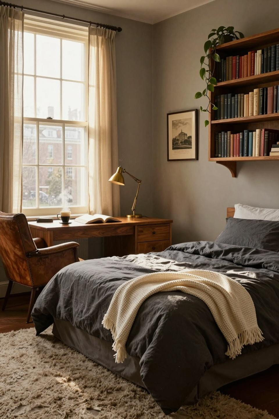 Dorm Room Ideas For Guys - greige walls with massive oak bookshelf and wingback chair