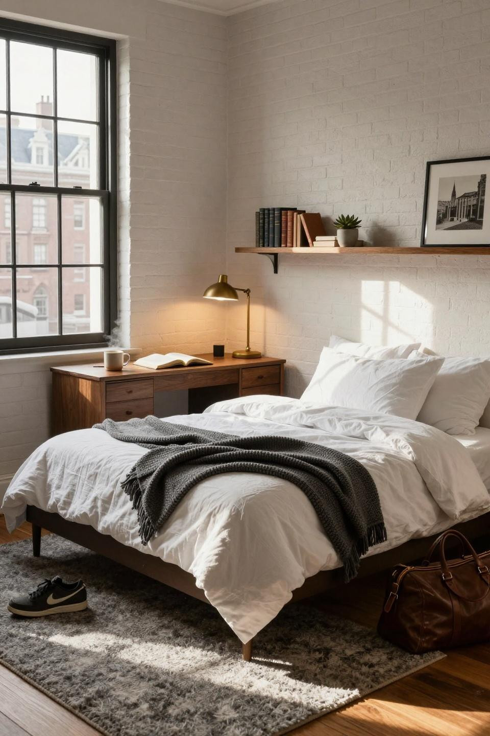 Dorm Room Ideas For Guys - exposed brick with walnut desk and floating oak shelf