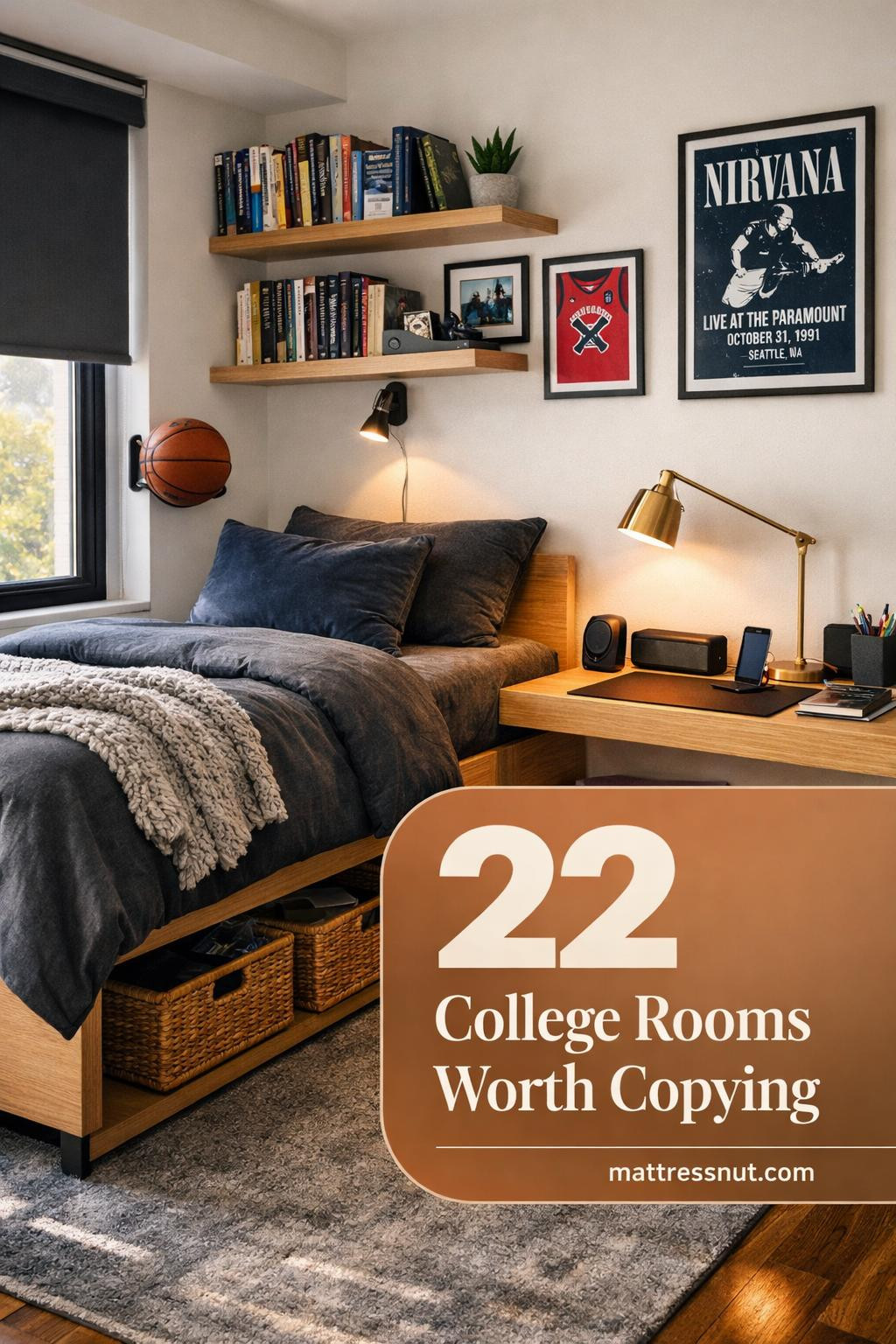 Masculine dorm room featuring navy bedding, wooden desk, metal shelving, sports posters, and organized storage solutions