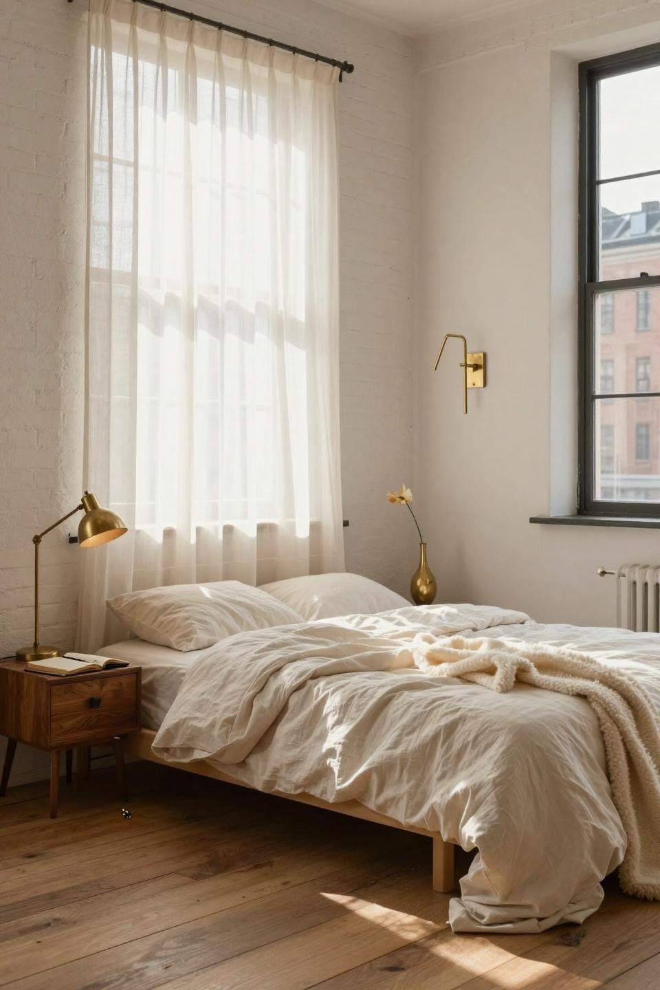 Dorm Room Ideas - whitewashed brick with minimalist brass lighting