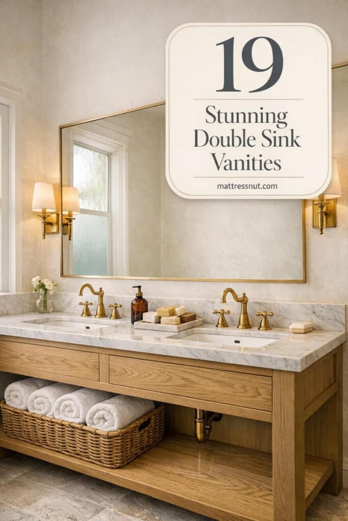 Luxurious white oak double vanity with honed Carrara marble countertop, brass faucets, frameless mirror, and wall sconces