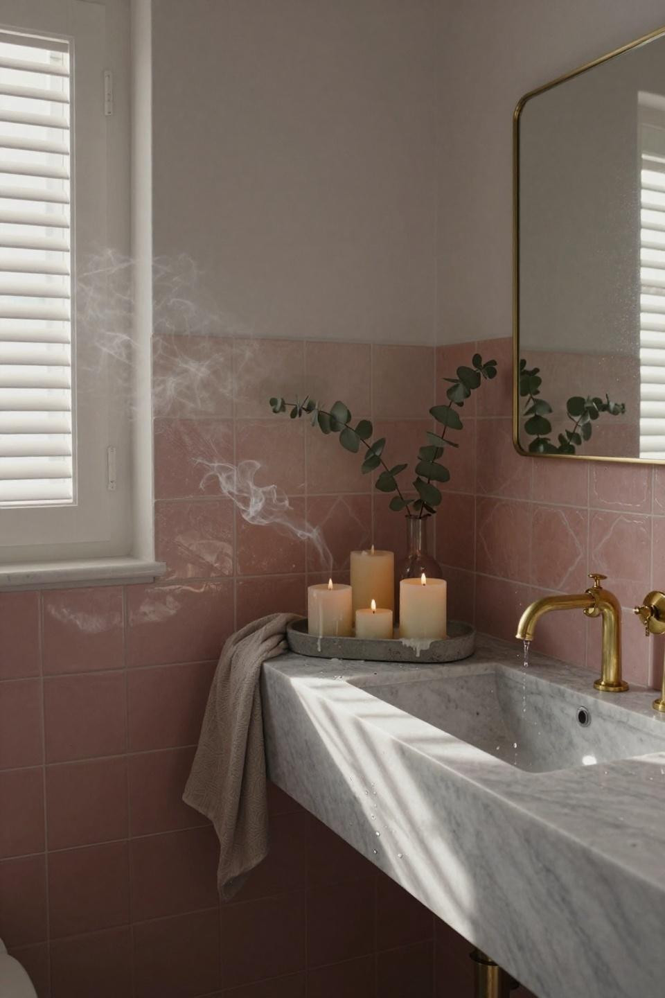 Pink bathroom with dusty rose tiles and brass fixtures