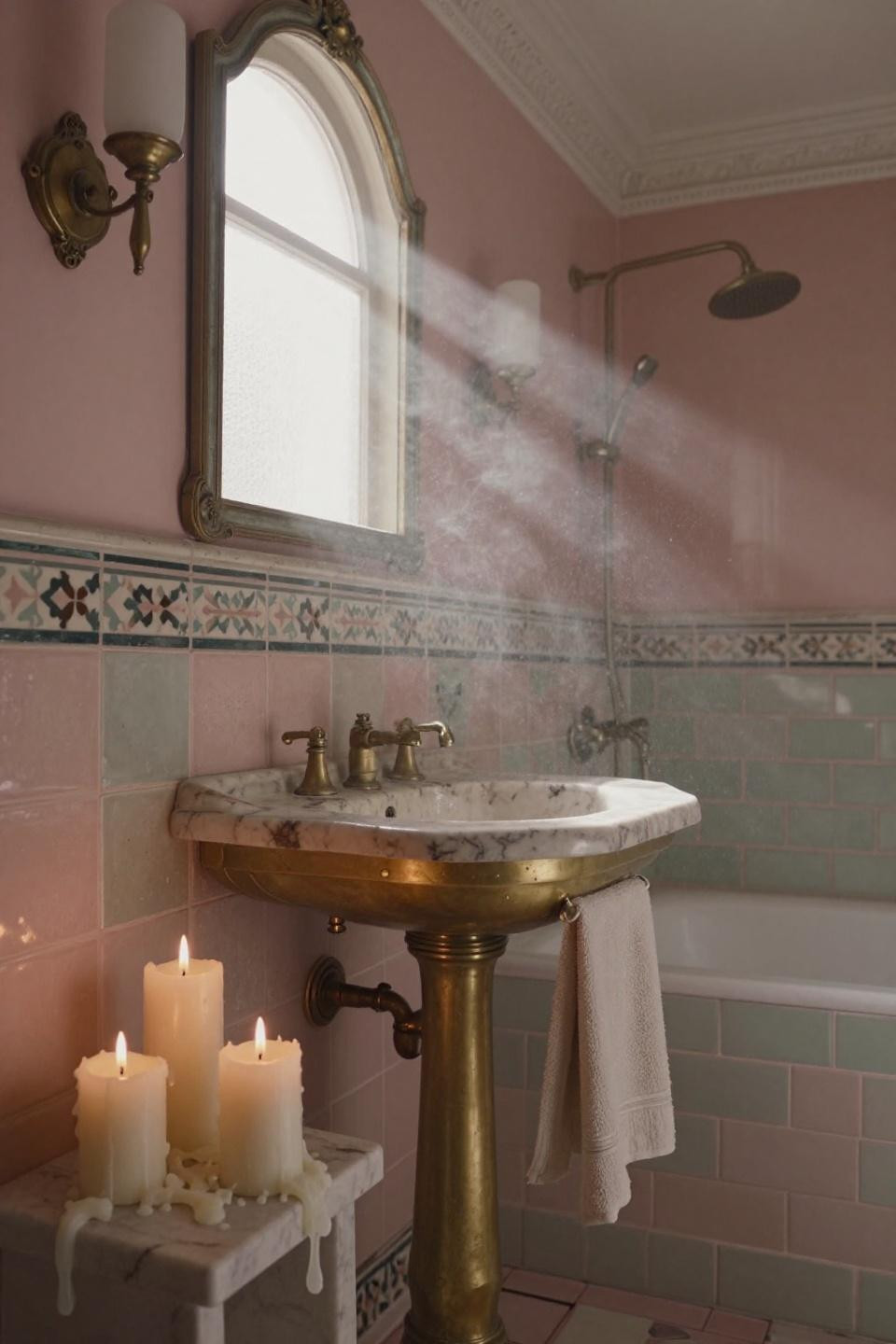 Pink bathroom with Moroccan encaustic tiles and brass pedestal sink