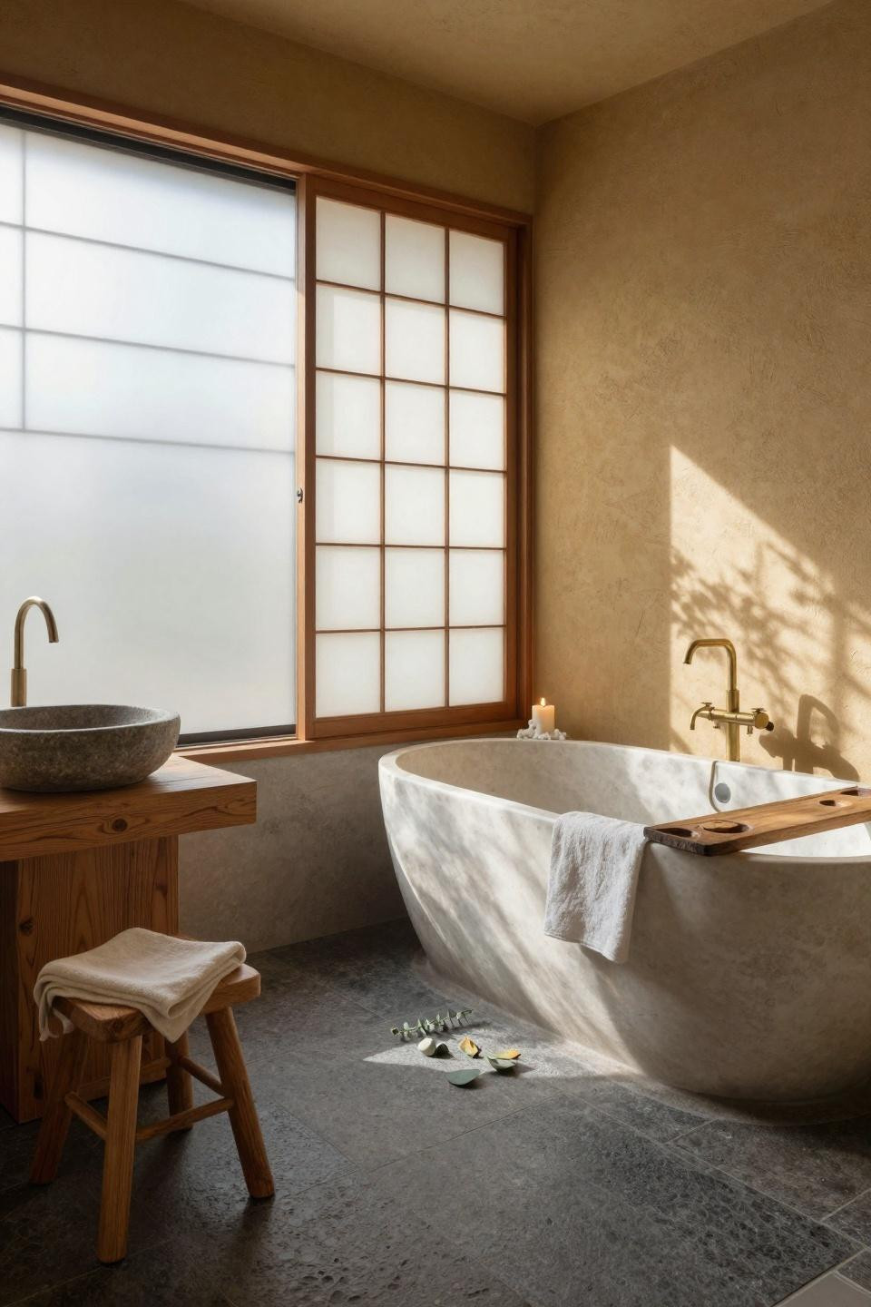 Earthy Bathroom Ideas - japanese bathroom with stone tub and natural screening