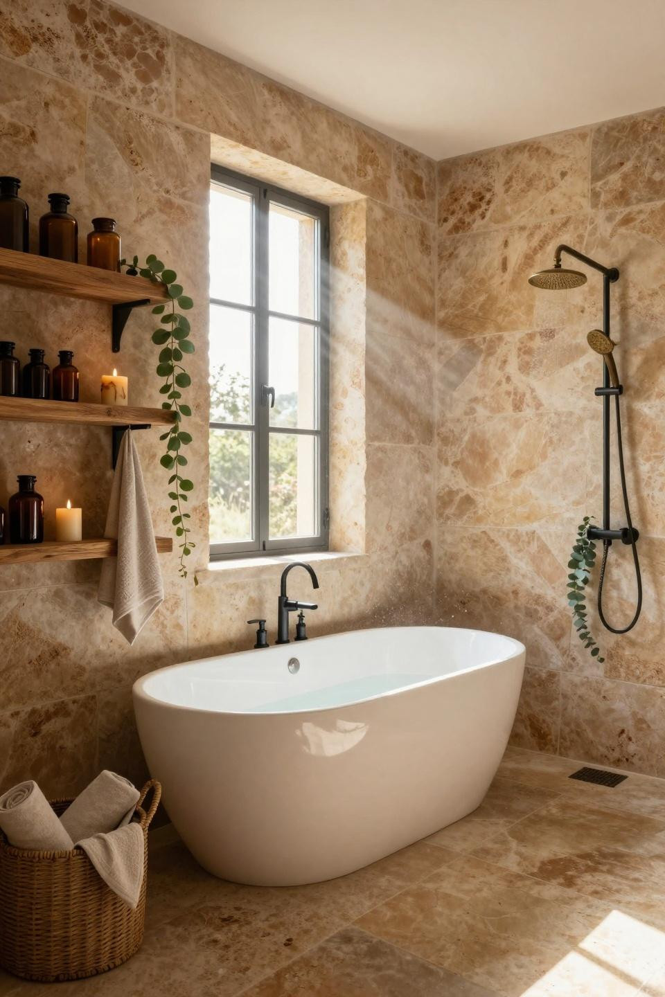 Earthy Bathroom Ideas - mediterranean bathroom with patterned windows and stone floors