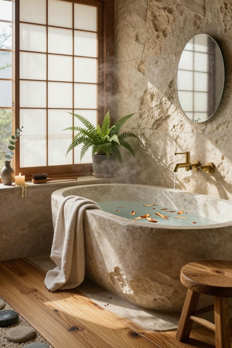 Earthy Bathroom Ideas - zen bathroom with wood tub and stone accents