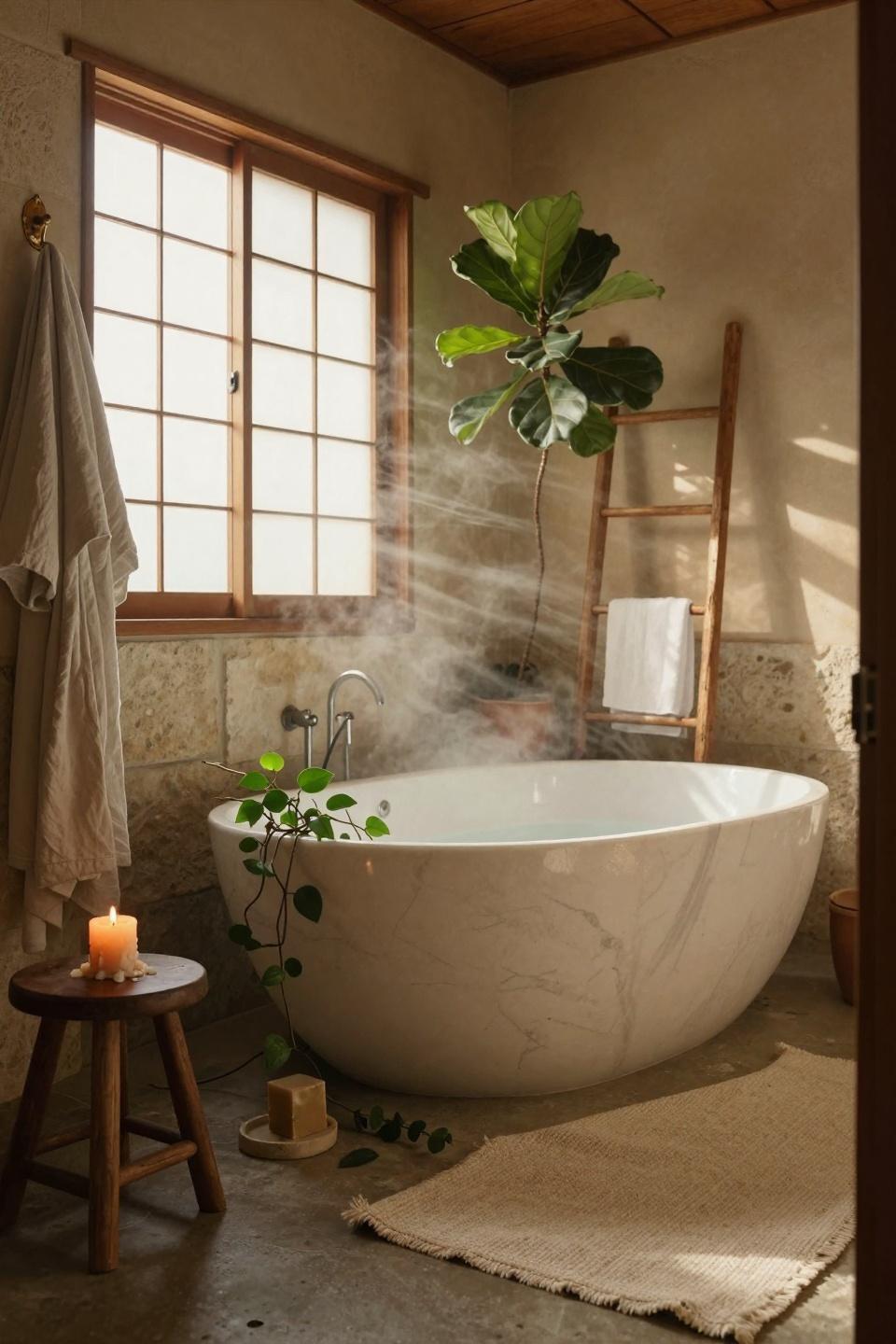 Earthy Bathroom Ideas - japanese bathroom with marble tub and trailing plants
