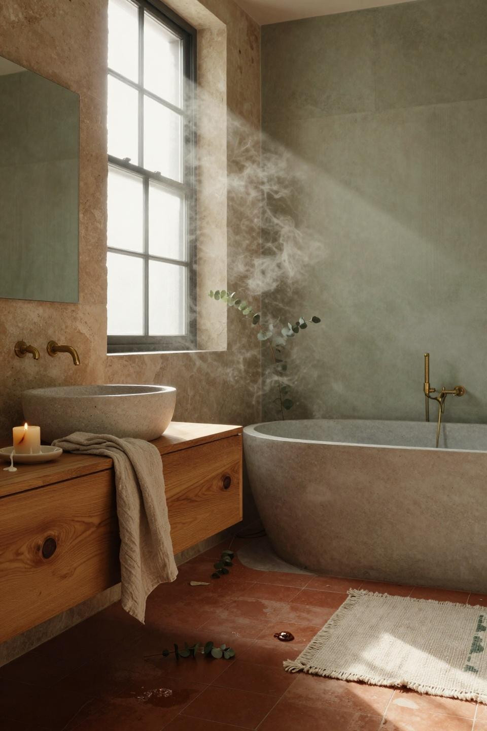 Earthy Bathroom Ideas - industrial bathroom with terracotta tiles and concrete tub