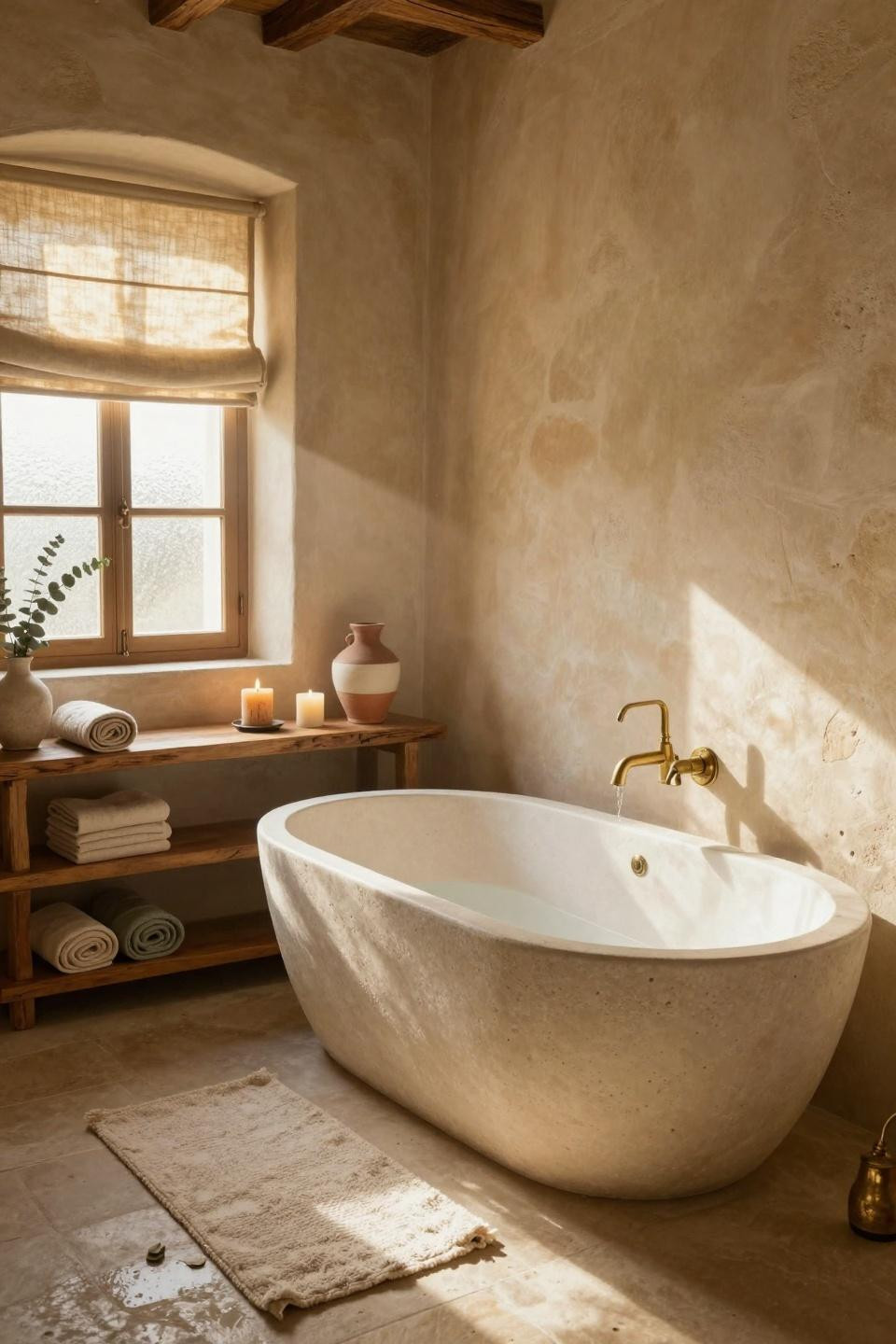 Earthy Bathroom Ideas - mediterranean bathroom with plaster walls and travertine tub
