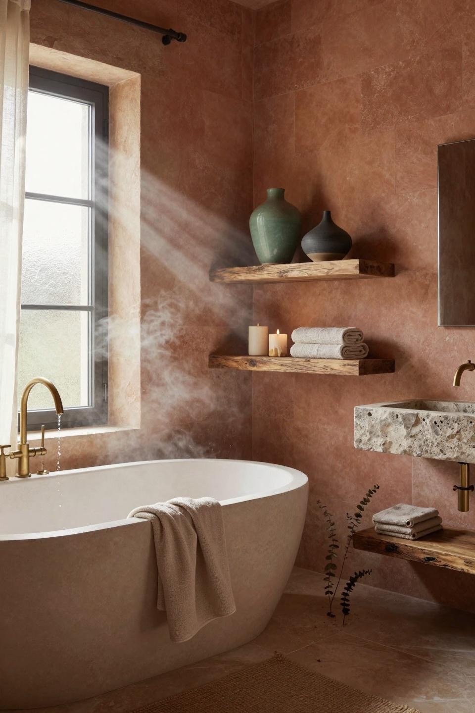Earthy Bathroom Ideas - modern bathroom with oak shelving and clay tub