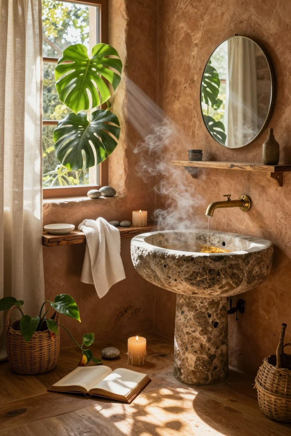 Earthy Bathroom Ideas - tropical bathroom with hanging plants and stone sink