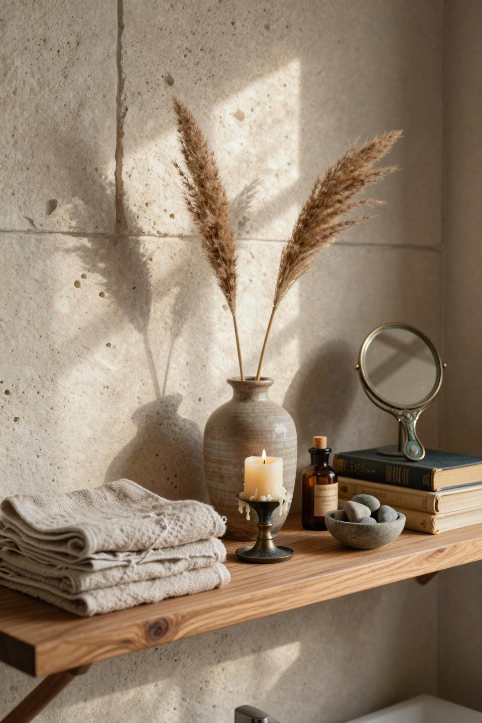 Earthy Bathroom Ideas - rustic bathroom with ceramic vessels and wooden shelving