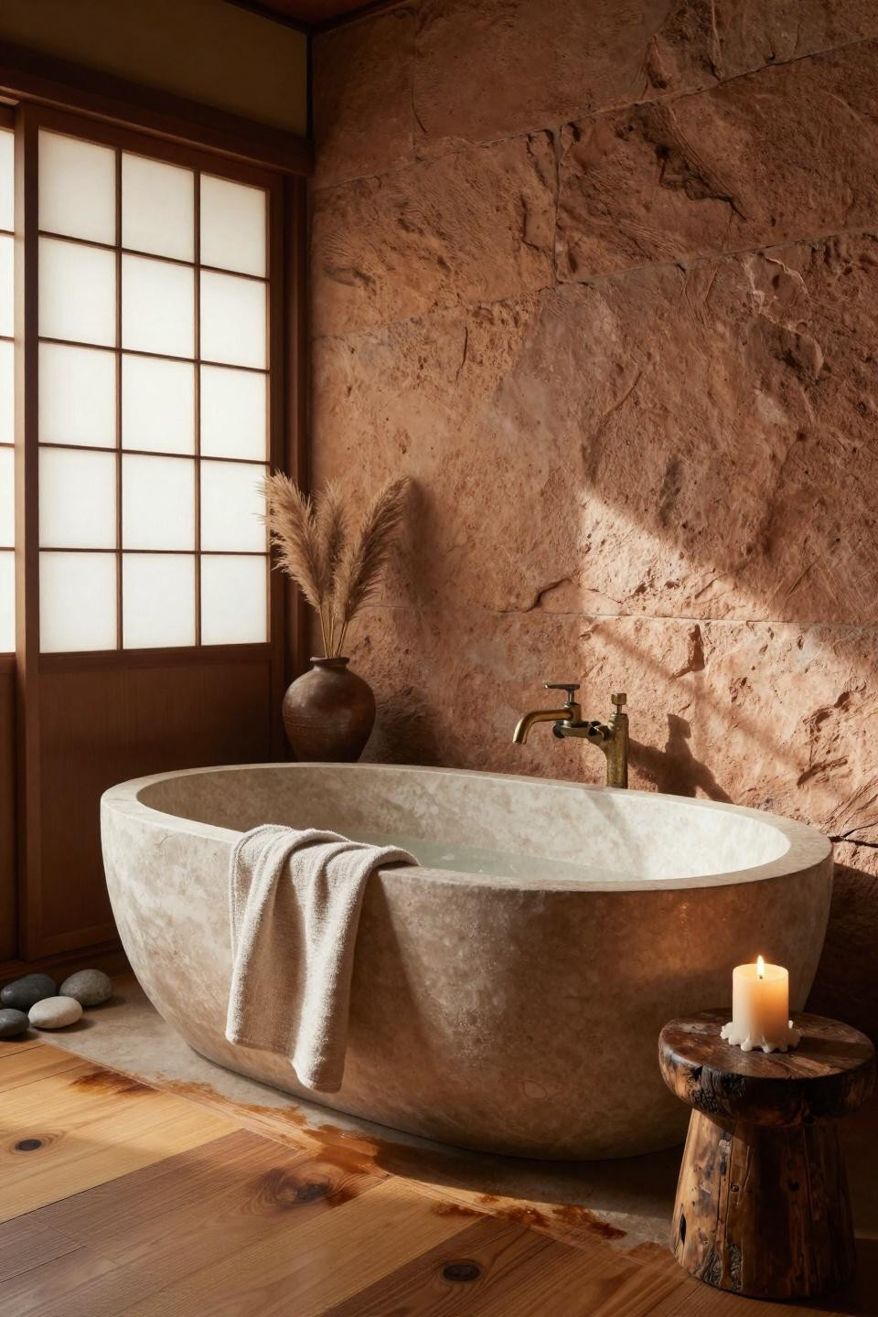 Earthy Bathroom Ideas - traditional japanese bathroom with stone and wood elements