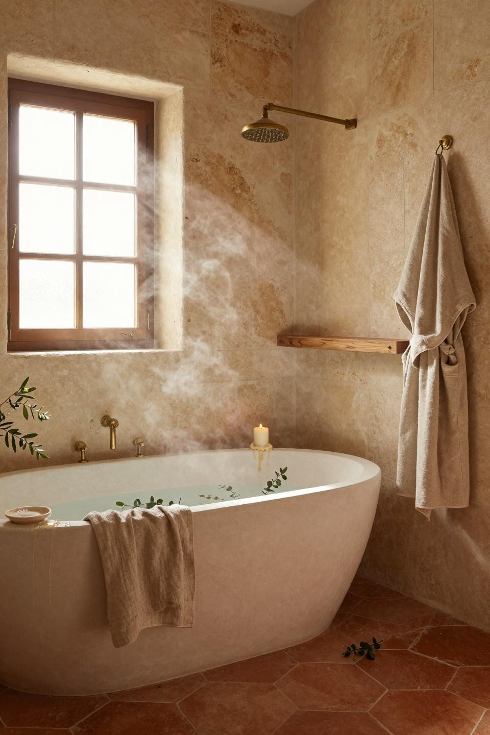 Earthy Bathroom Ideas - mediterranean bathroom with geometric tiles and metal fixtures