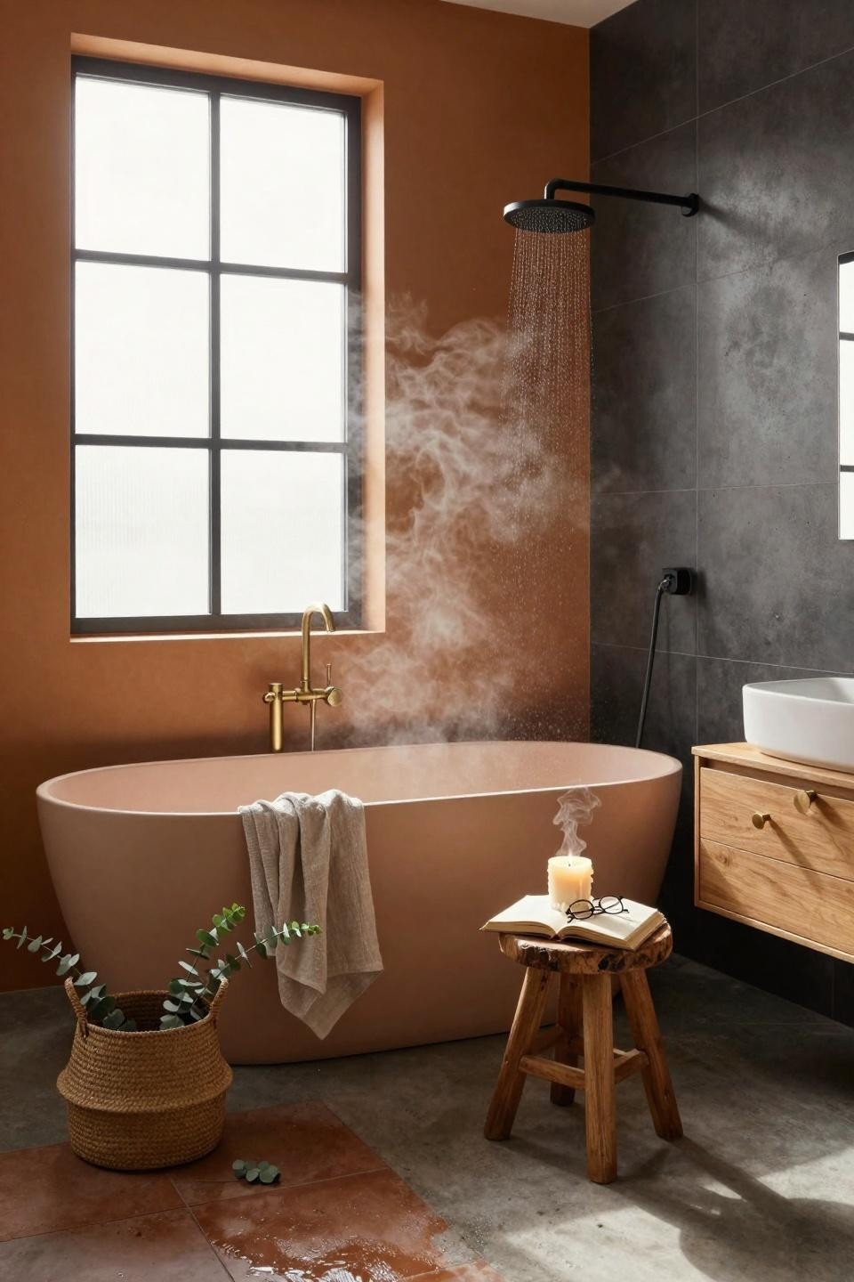 Earthy Bathroom Ideas - industrial bathroom with clay tub and concrete floors