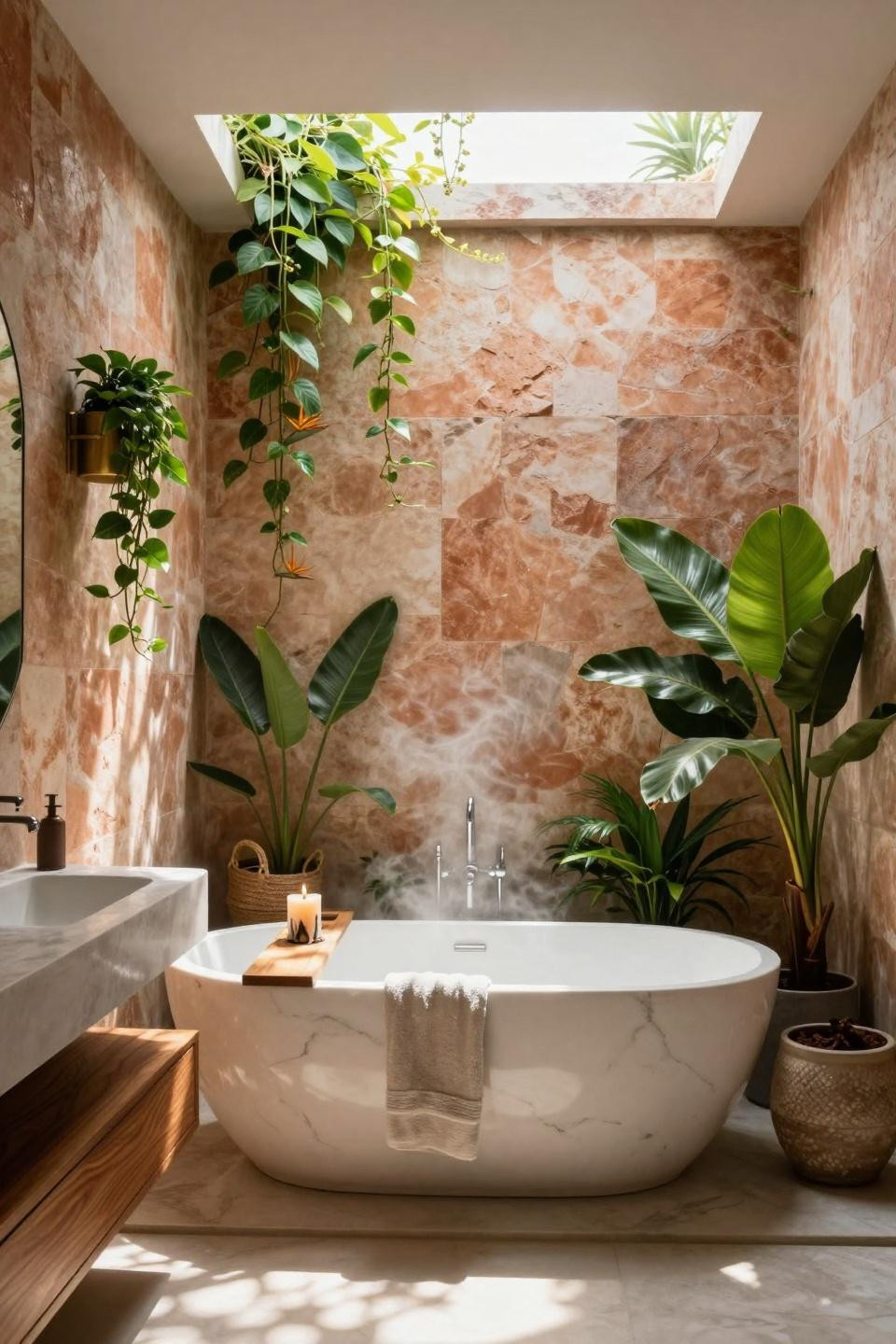 Earthy Bathroom Ideas - tropical bathroom with stone tub and hanging plants