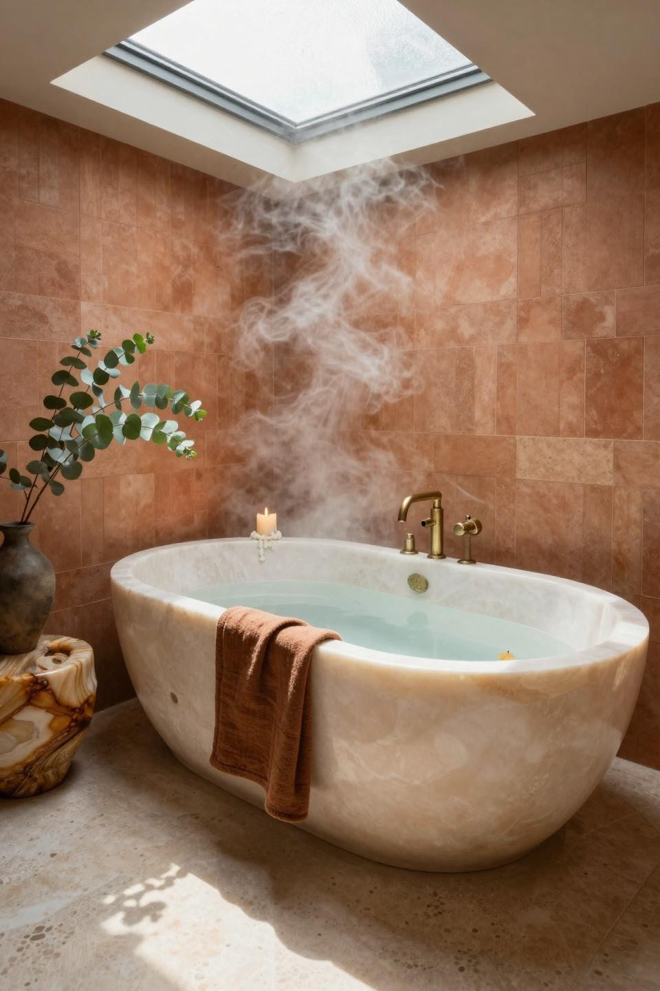 Earthy Bathroom Ideas - japanese inspired bathroom with hinoki tub and skylight