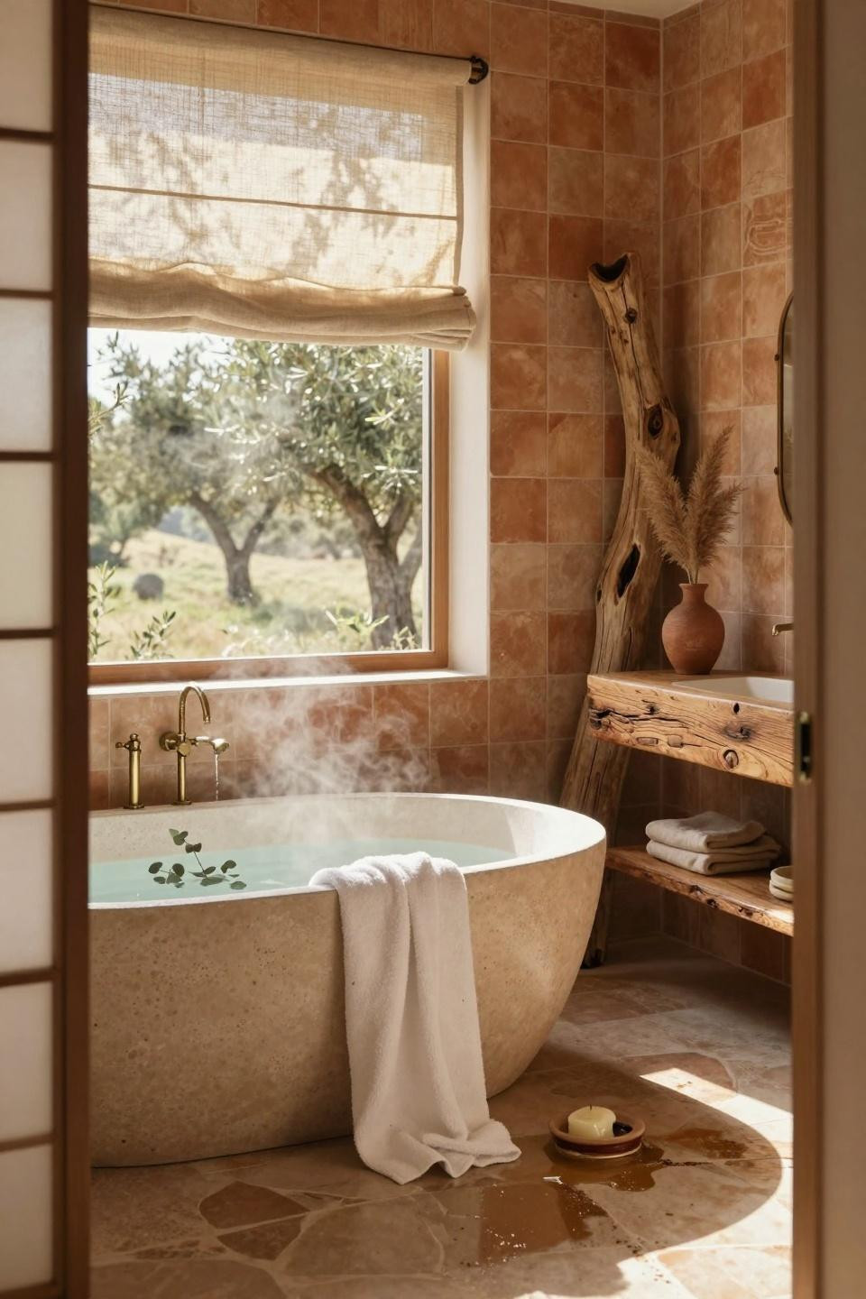 Earthy Bathroom Ideas - wabi-sabi bathroom with zellige tiles and natural textures