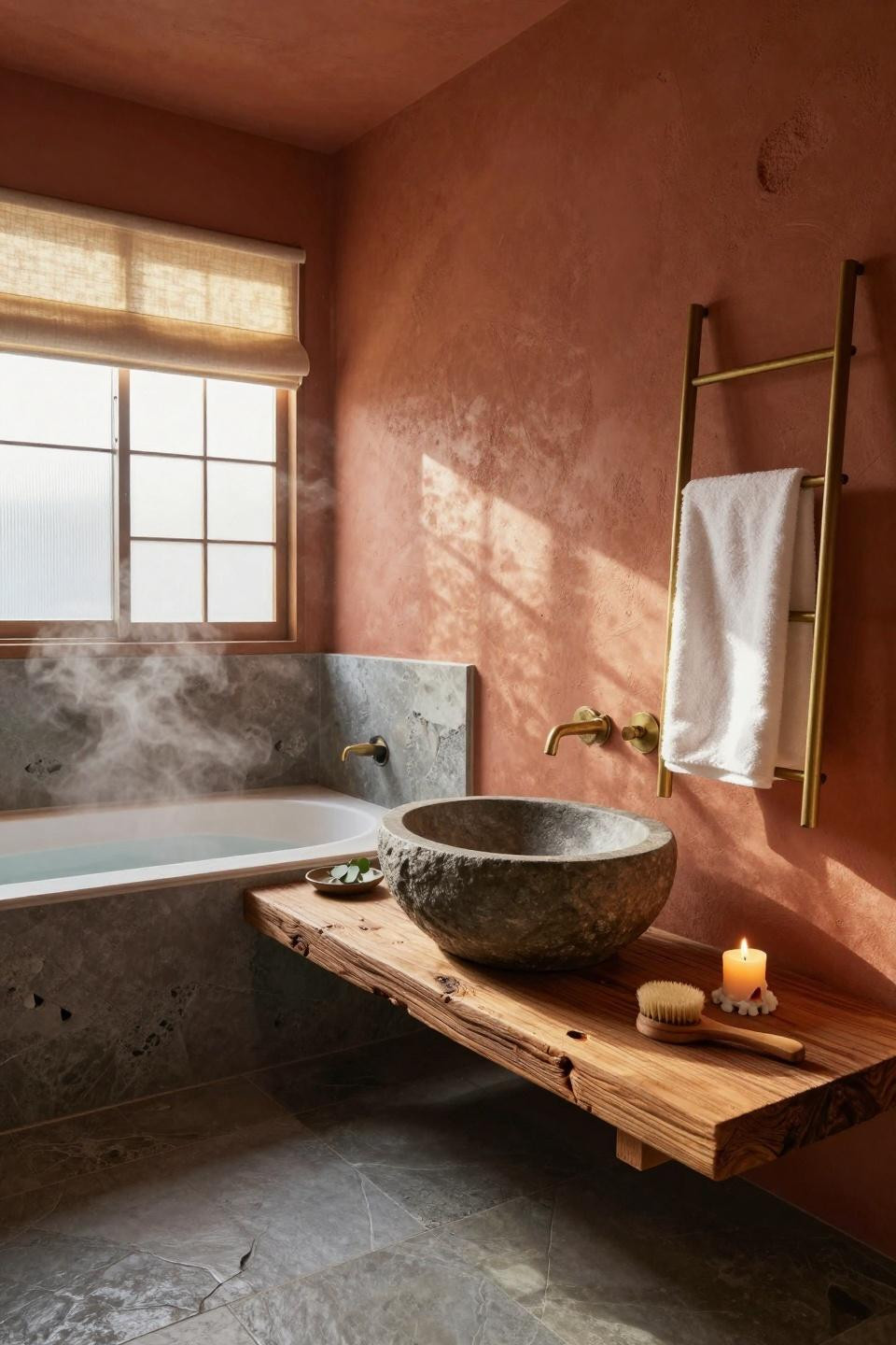 Earthy Bathroom Ideas - industrial bathroom with frosted windows and concrete tub