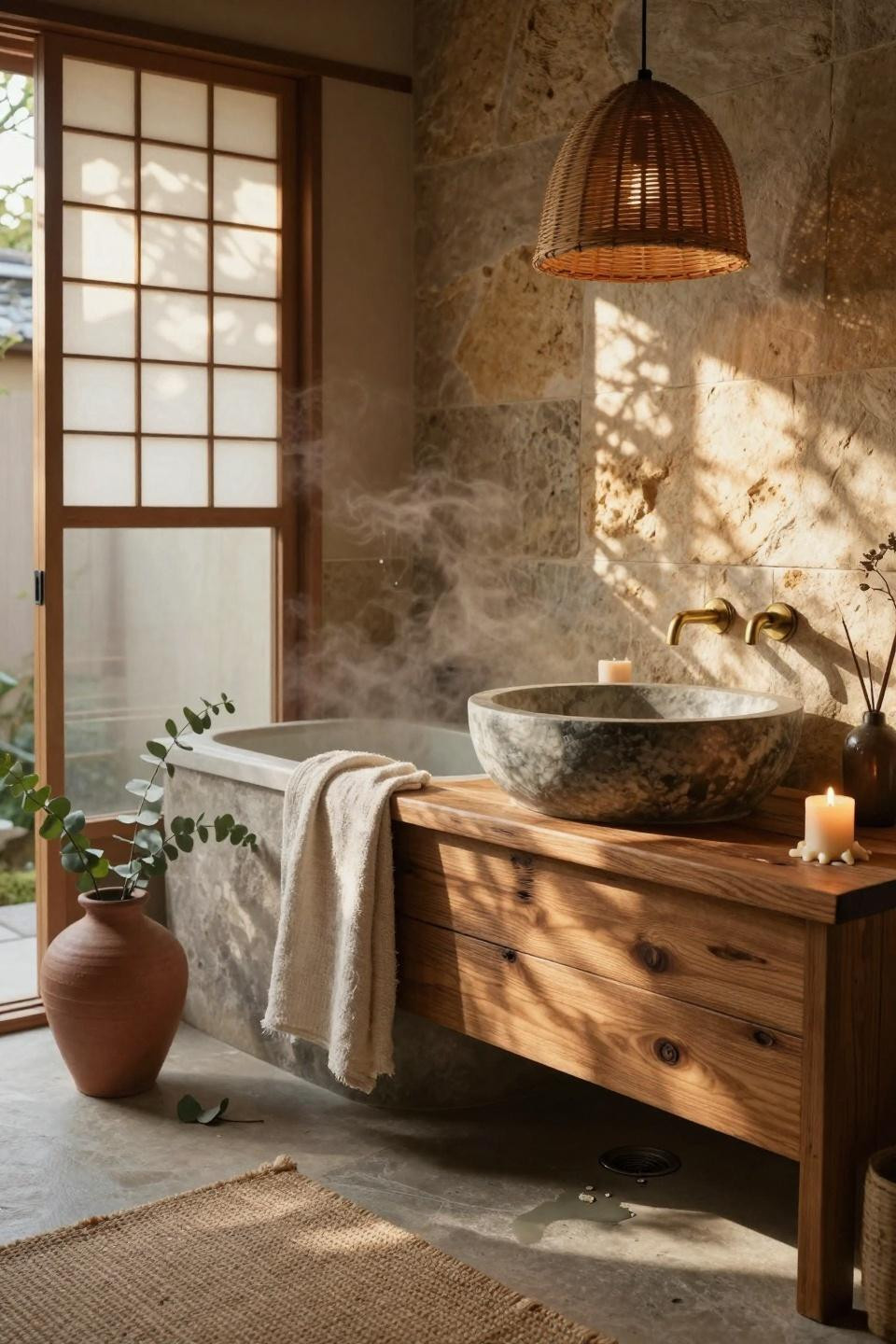 Earthy Bathroom Ideas - traditional bathroom with wood vanity and outdoor connection