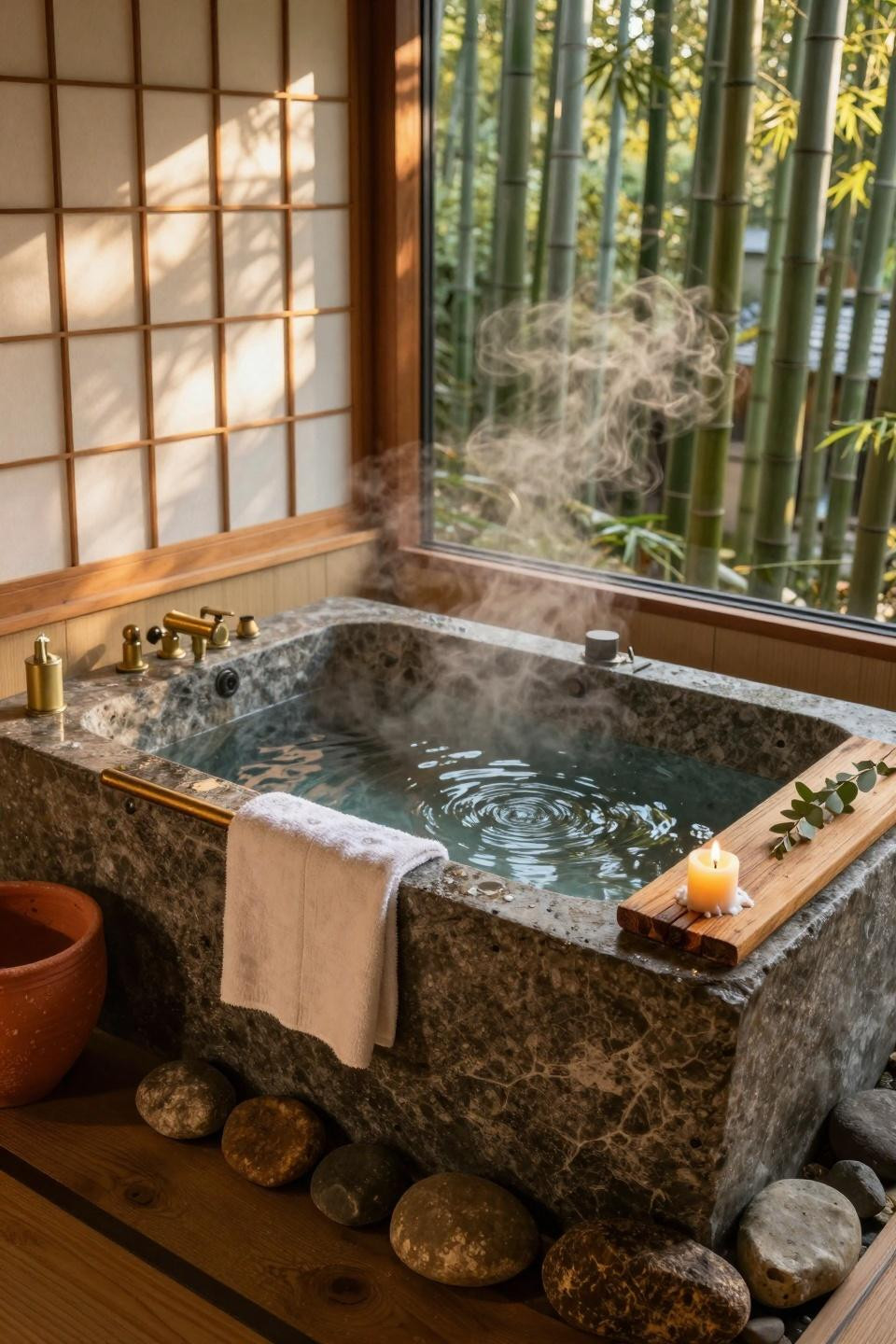 Earthy Bathroom Ideas - zen bathroom with stone accents and wood beams
