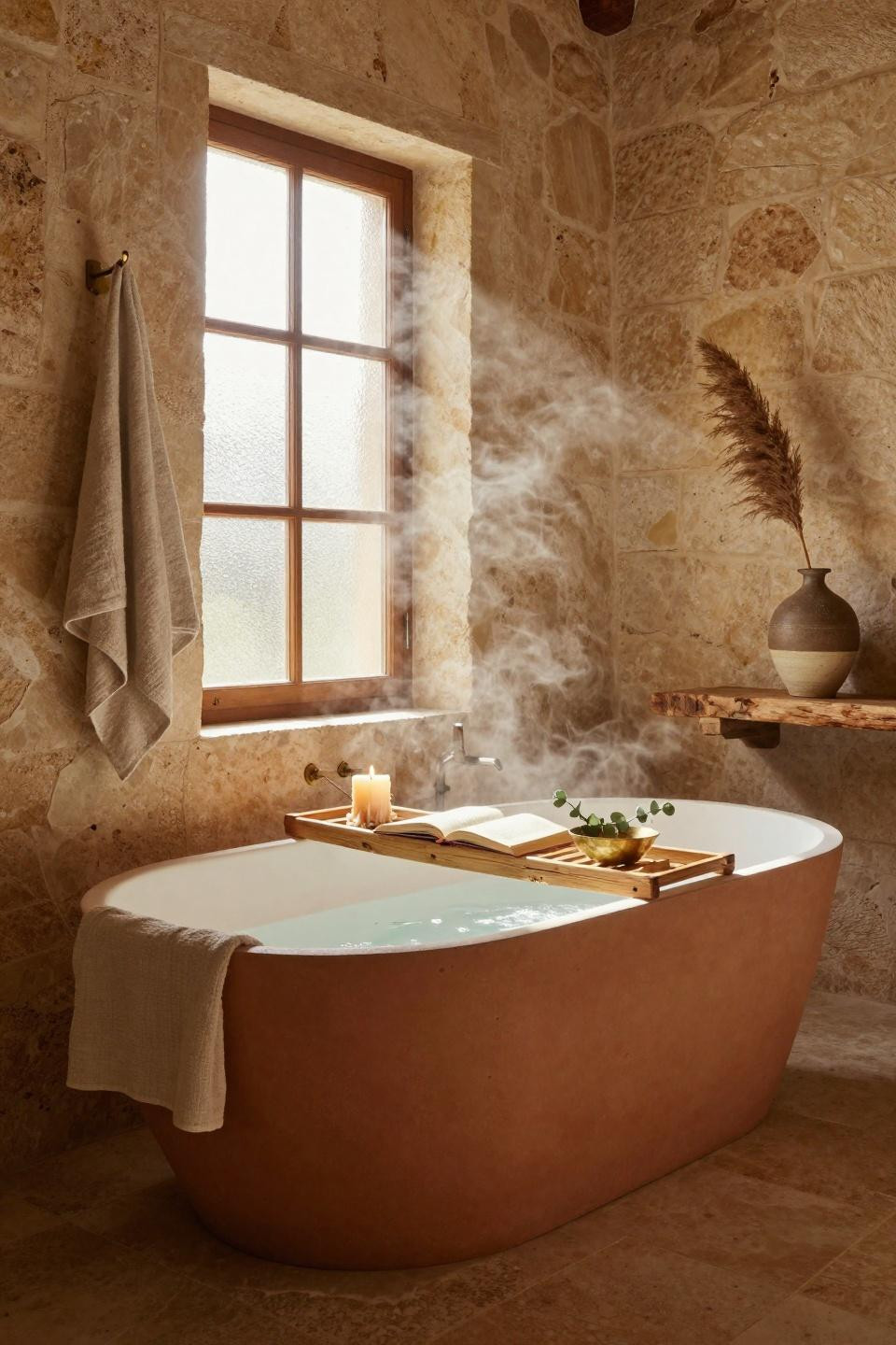 Earthy Bathroom Ideas - rustic bathroom with matte tub and natural stone
