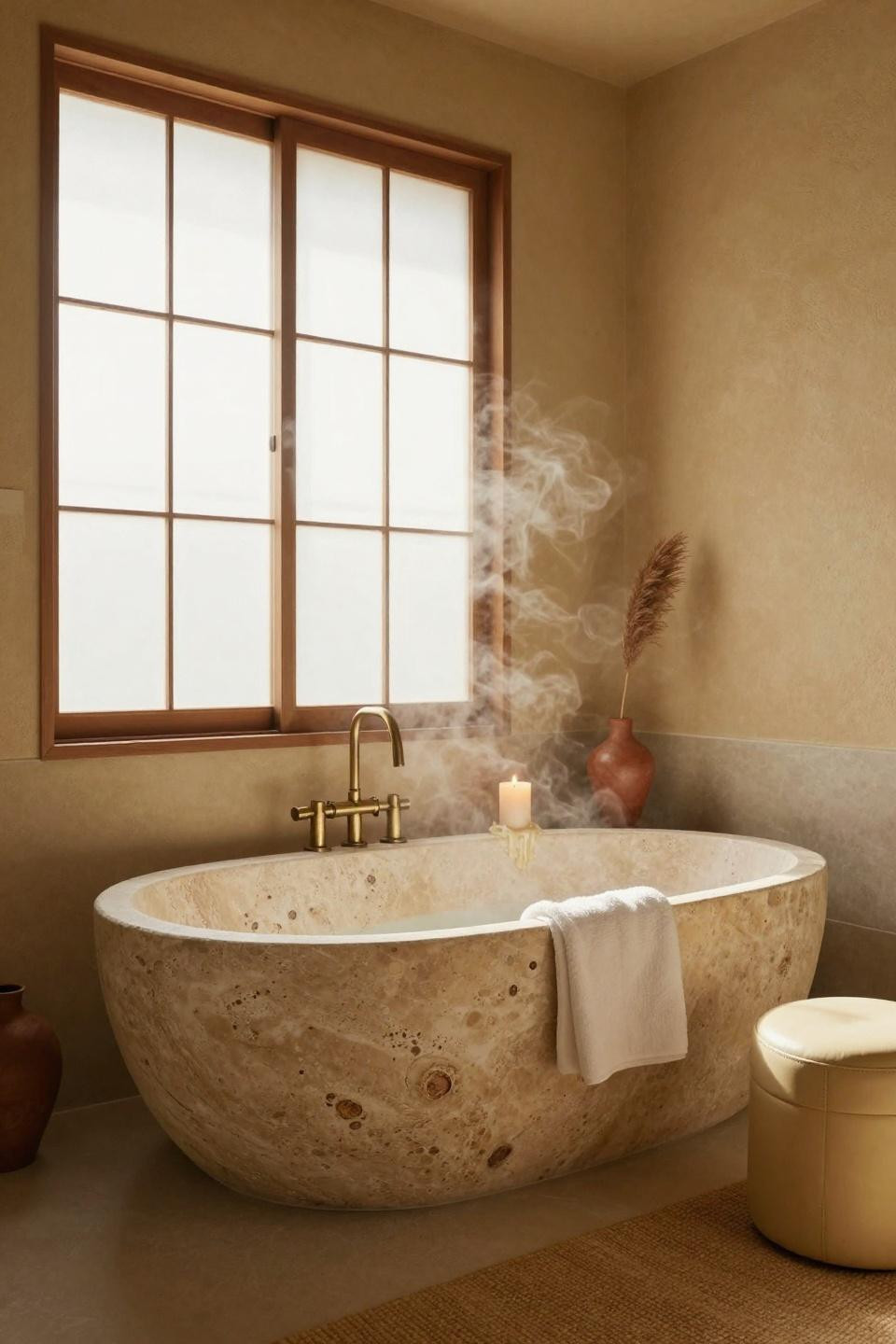 Earthy Bathroom Ideas - minimalist bathroom with carved tub and metal fixtures