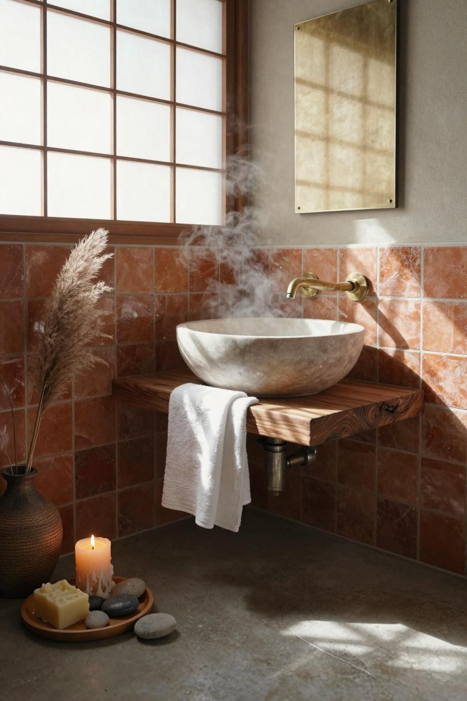 Earthy Bathroom Ideas - japanese bathroom with moroccan tiles and wood accents