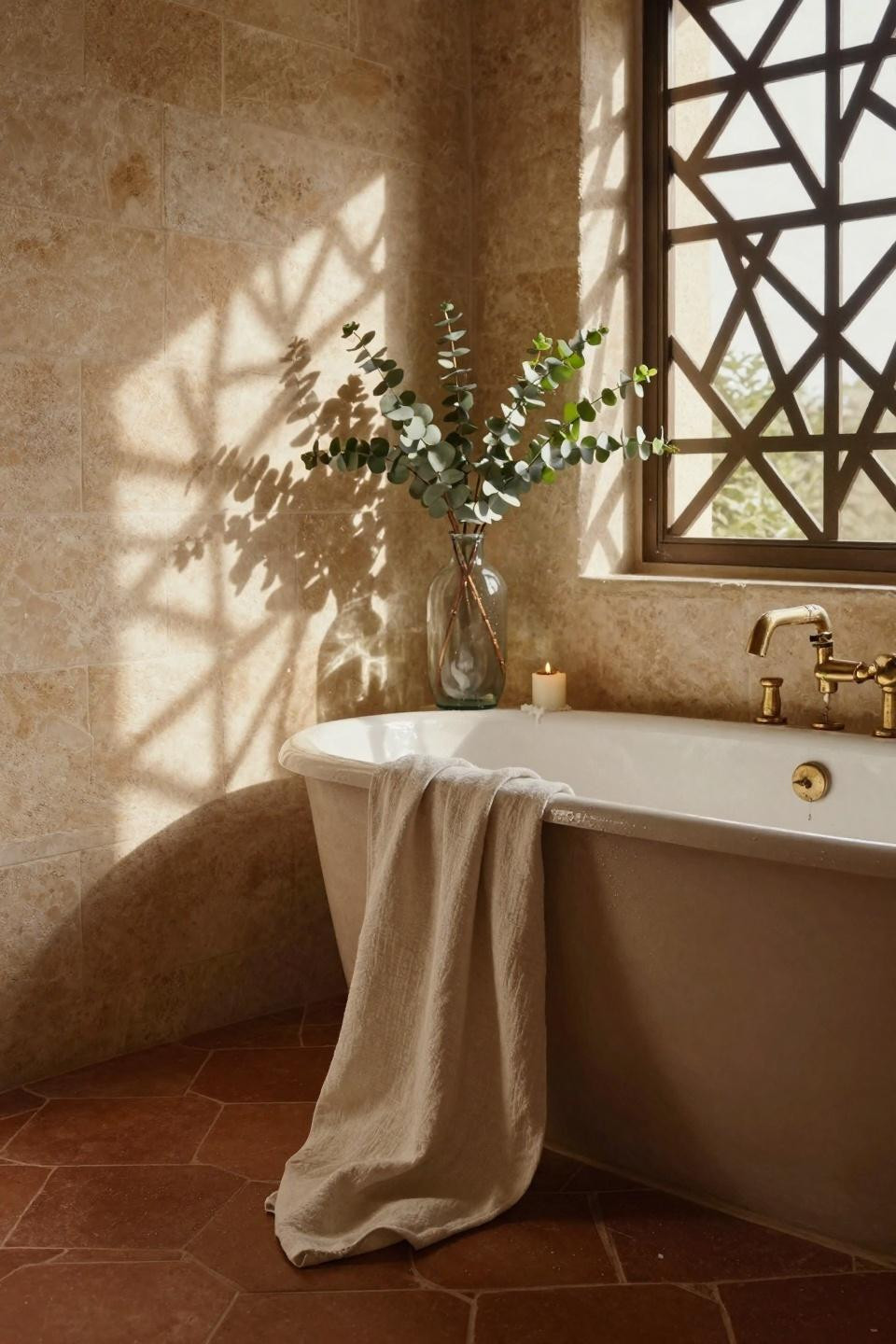 Earthy Bathroom Ideas - tuscan bathroom with decorative screen and sculptural tub