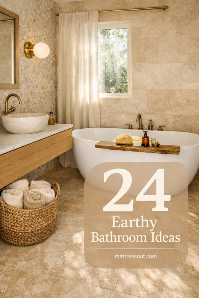 Bathroom featuring natural stone tiles, warm beige tones, wooden vanity, plants, and soft morning sunlight streaming in