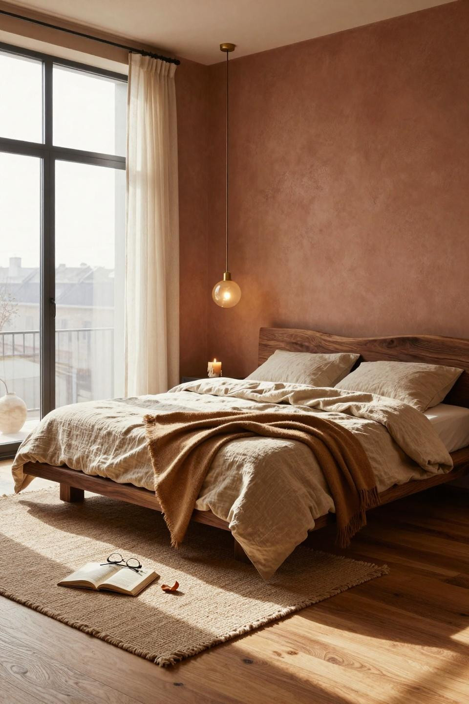 Earthy bedroom with walnut furniture and neutral palette