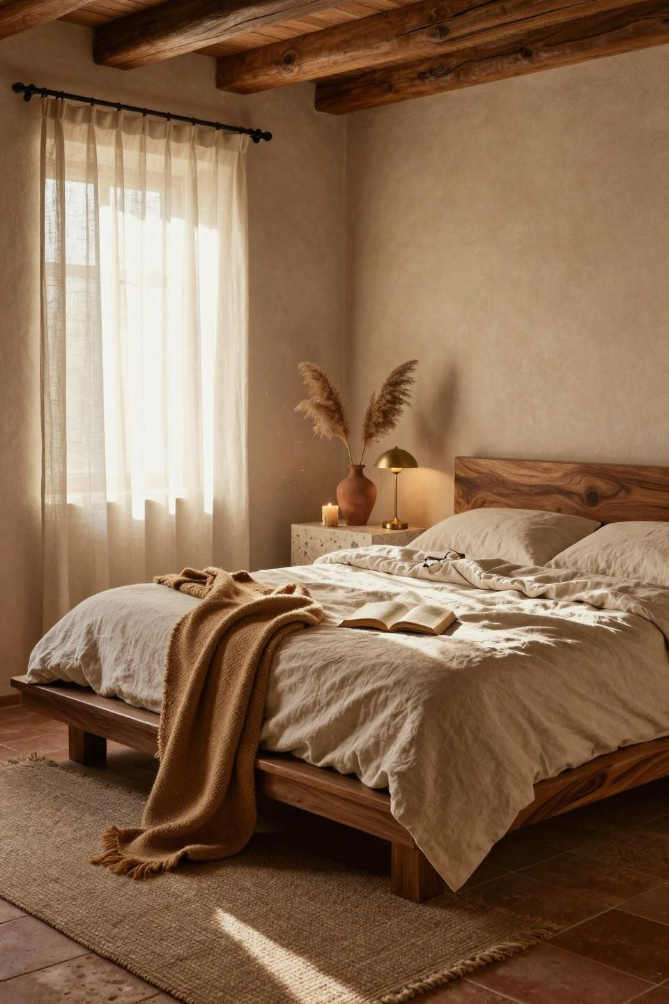 Earthy bedroom with terracotta tiles and brass details