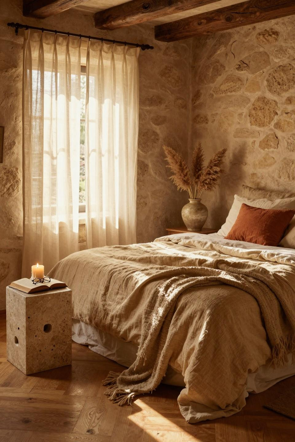 Earthy bedroom with stone walls and oak flooring