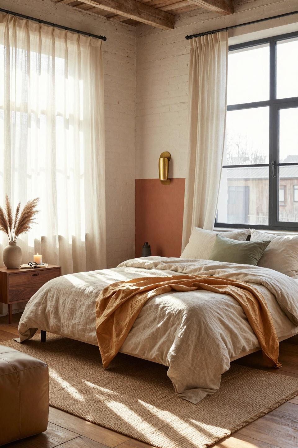 Earthy bedroom with whitewashed brick and walnut bed