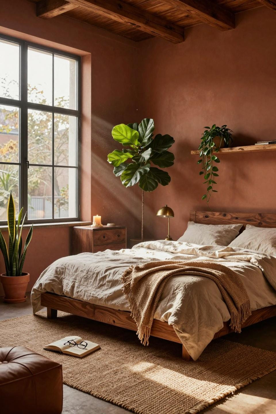 Earthy bedroom with terracotta walls and greenery