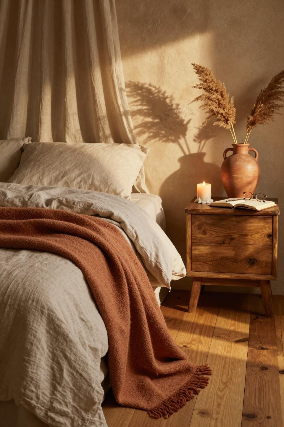 Earthy bedroom detail with bouclé and linen bedding
