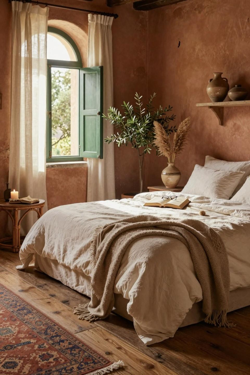 Earthy bedroom with vintage rug and potted olive tree