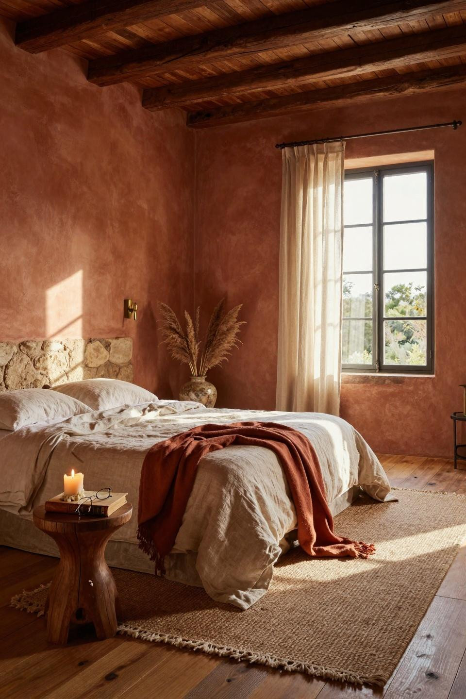 Earthy bedroom with limestone walls and dramatic shadows
