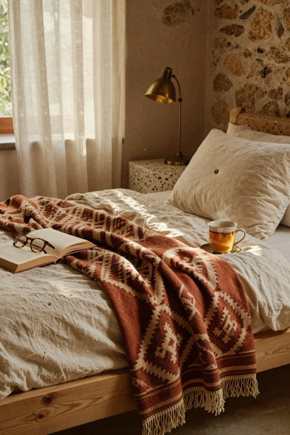 Earthy bedroom detail with handwoven throw and candles