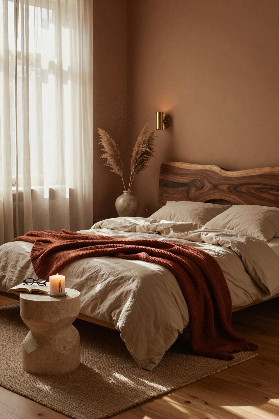 Earthy bedroom with live-edge walnut headboard