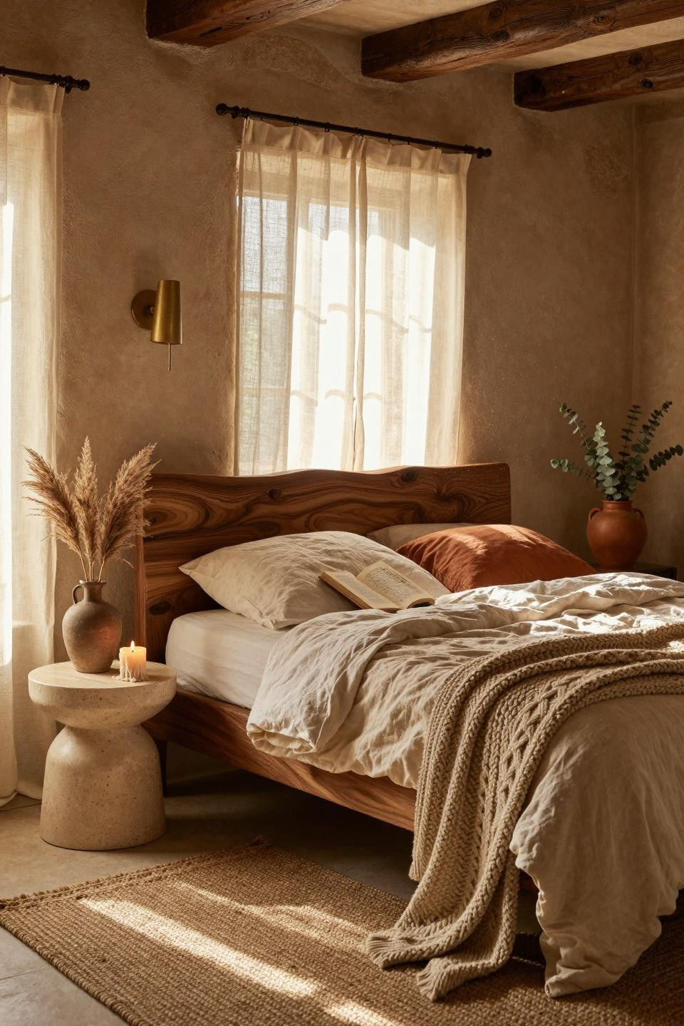 Earthy bedroom with sheer linen curtains and soft light